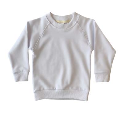 The Baby Blanks Winter Crew is a 100% cotton, elastane, unbrushed fleece.  6 colours.  Size 1 - 5.  Generous fit.  Great printable kids crews.