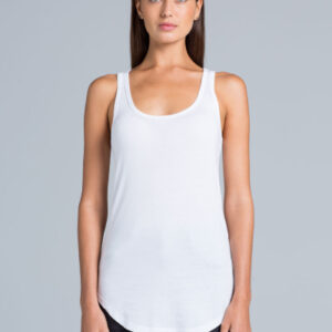 The Dash Racerback Singlet is a 140gsm, 50% cotton womens singlet. In White & Grey. S – XL. Great printed womens singlets.