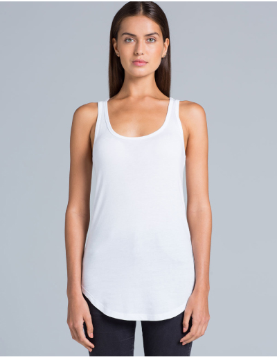 The Dash Racerback Singlet is a 140gsm, 50% cotton womens singlet. In White & Grey. S – XL. Great printed womens singlets.