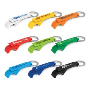 The Snappy Bottle Opener Key Ring is a plastic bottle opener with key ring.  9 colours.  Compact.  Bottle and can opener.