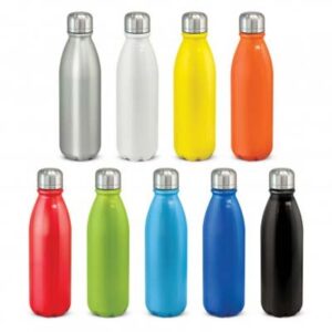 The Mirage Aluminium Bottle is a 750ml aluminium drink bottle with silver steel lid.  9 colours available.  Blank drink bottles ready to personalise.