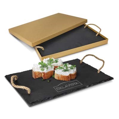 The Slate Serving Board is a deluxe natural slate serving board.  4 soft non slip pads.  Hemp rope handles.  Perfect for engraving your corporate gifts.