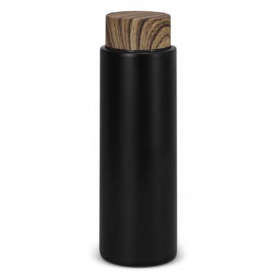 The Medina Vacuum Bottle is a 480ml stainless steel vacuum bottle.  Screw Top.  Wood grained water transfer lid.  In Black.