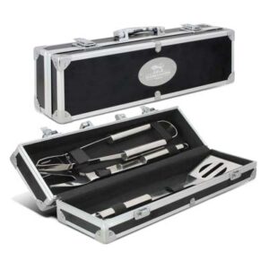 The Luxmore BBQ Set is a premium bbq gift set.  Metal plate on case for branding.  Perfect upmarket gift for xmas and summer. 