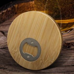 The Bamboo Coaster Bottle Opener is a natural bamboo coaster with bottle opener for pop off lids.  2 shapes available. 