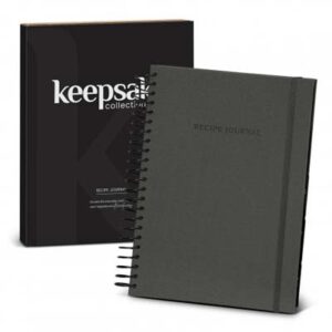 The Keepsake Recipe Journal is a 210 page spiro bound journal.  Can be debossed/engraved.  Available in Grey - Pairs well with the Keepsake Recipe book Holder